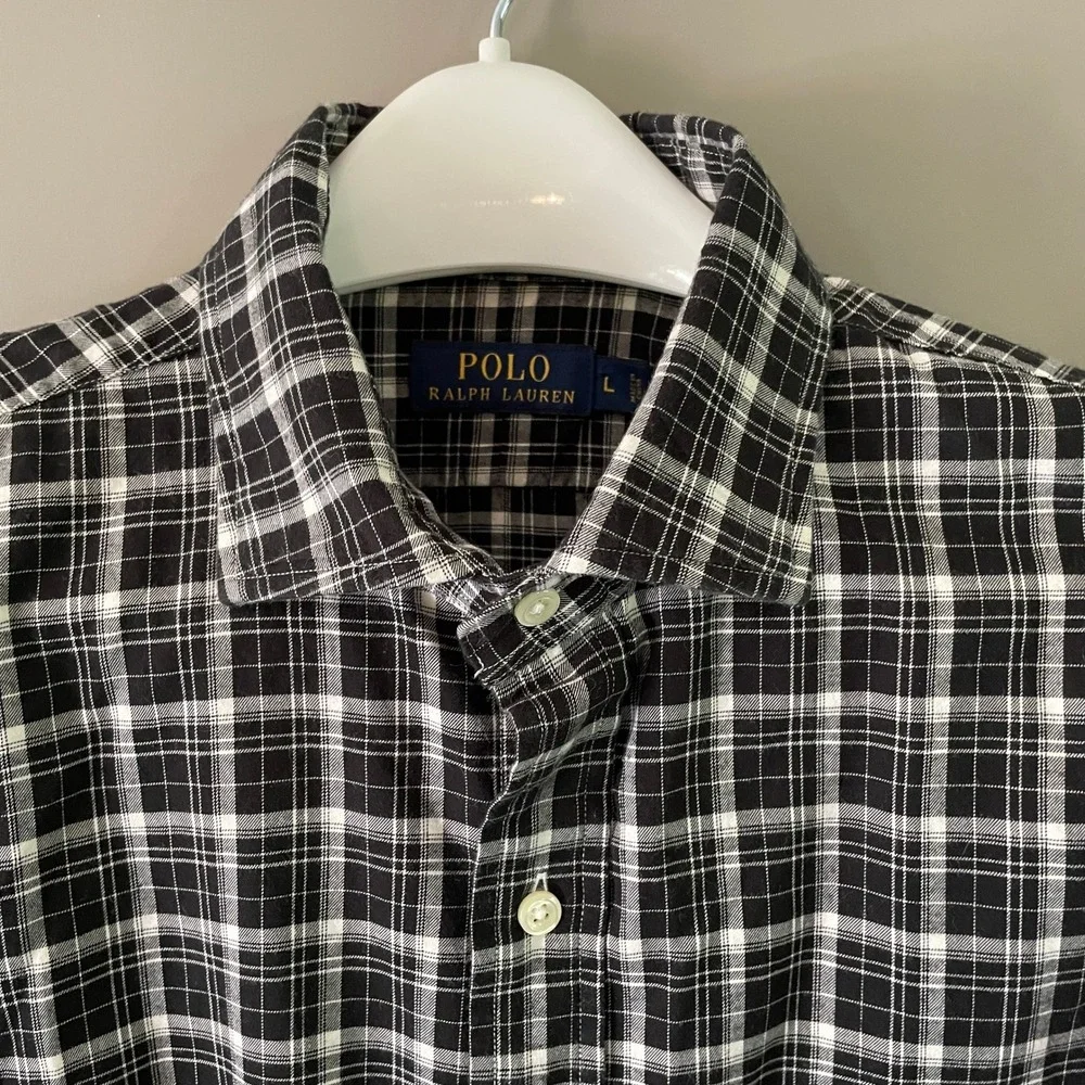 Polo Ralph Lauren Mens Black White Plaid Long Sleeve Button Down Shirt Size L